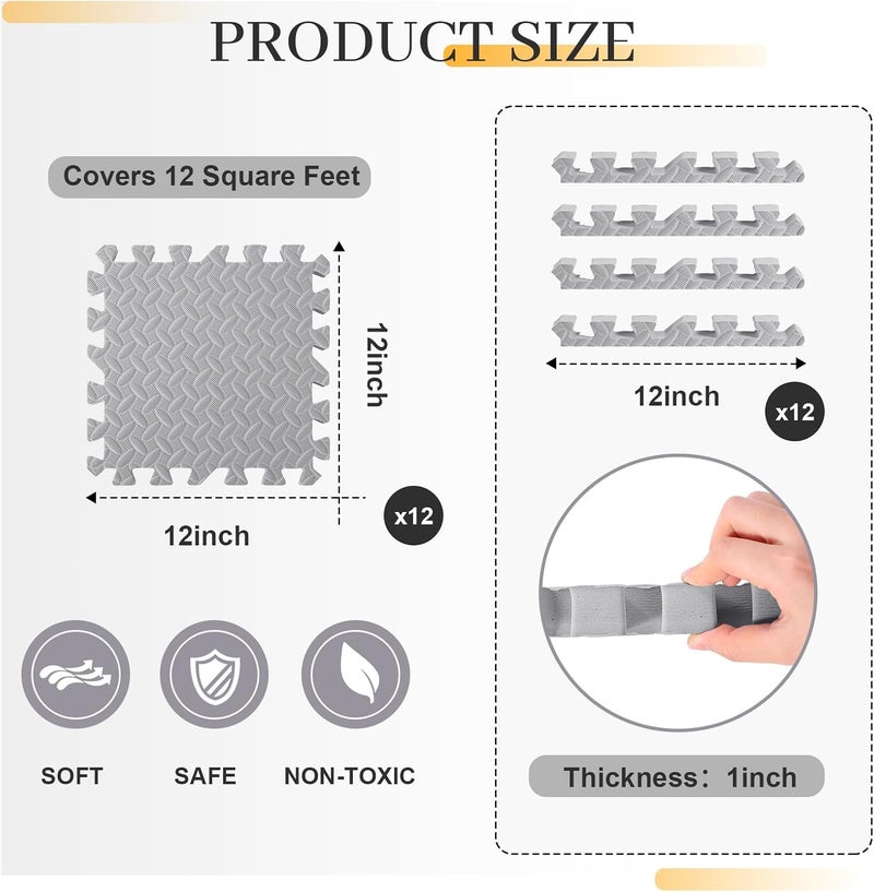 Arrowbash 12x12x1 Inch EVA Thick Interlocking Foam Floor Tiles Puzzle Exercise Mat Foam Mats for Home Gym Pets(Grey,12) - Image 2